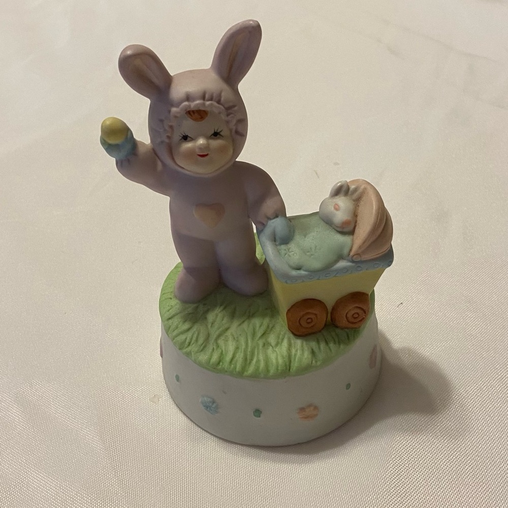 Vintage Ceramic Easter Bunny Figurine with Cart Decoration Spring Decor